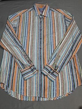 Robert Graham Orange, Blue, Black & White Striped Button-Down Shirt